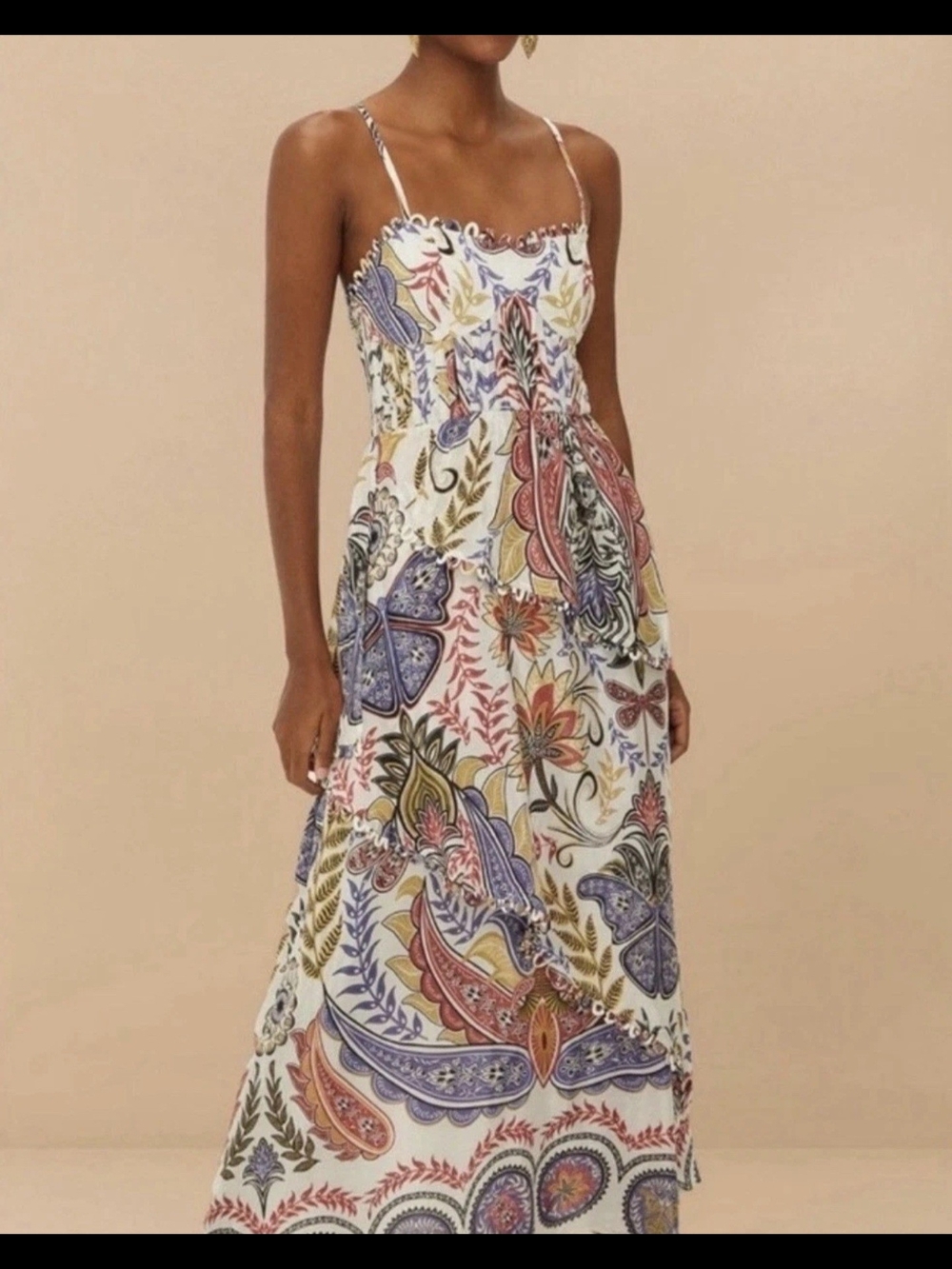 FARM Rio White Maxi Dress with Blue, Pink, Yellow and Green Paisley Print